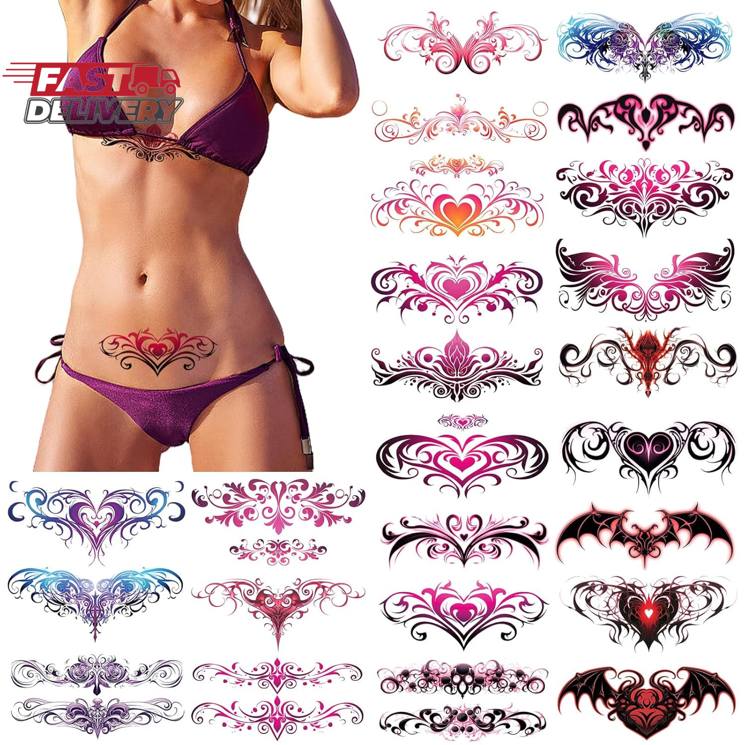 24 Sheets Sexy Belly Temporary Tattoos Black Red Heart Navel Waterproof Tattoo S