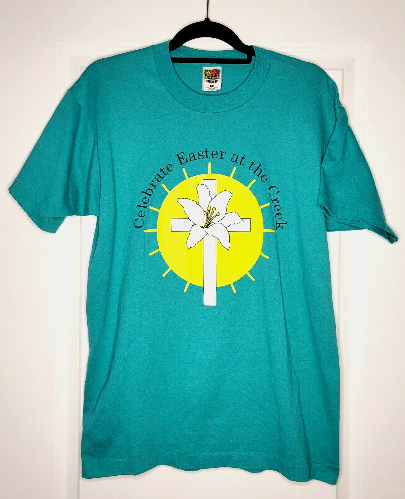 VTG Religious Cross T-Shirt Men's L Single Stitch Aqua Easter Tee USA Made 90s
