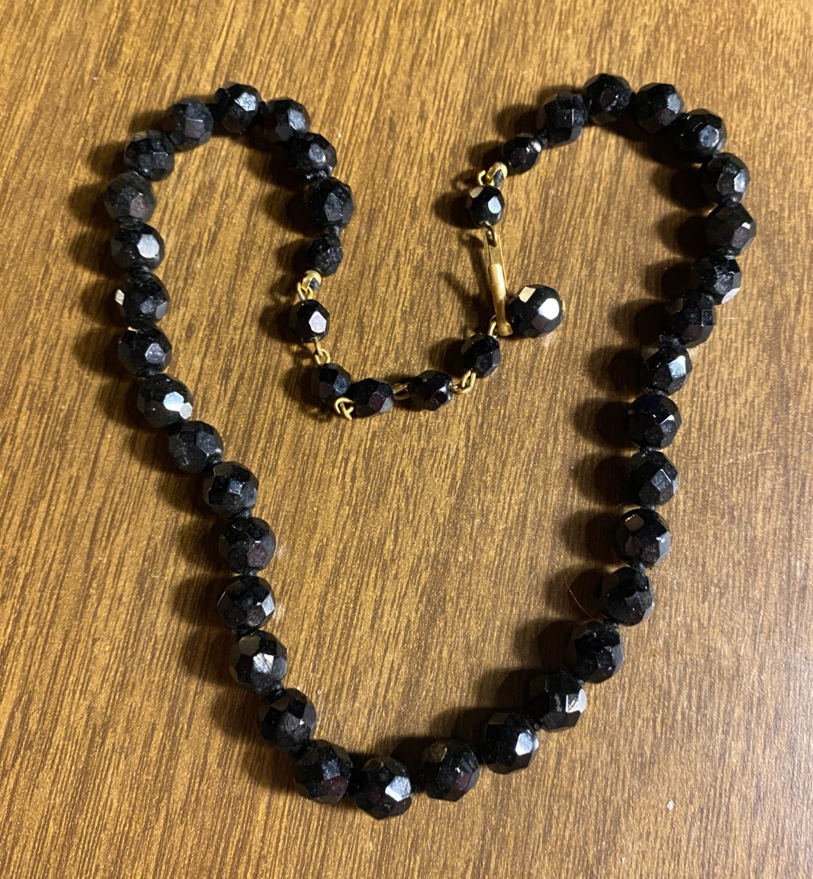 Vintage Black Glass Mourning Single Strand Bead Choker Gold Tone Necklace 16.5"