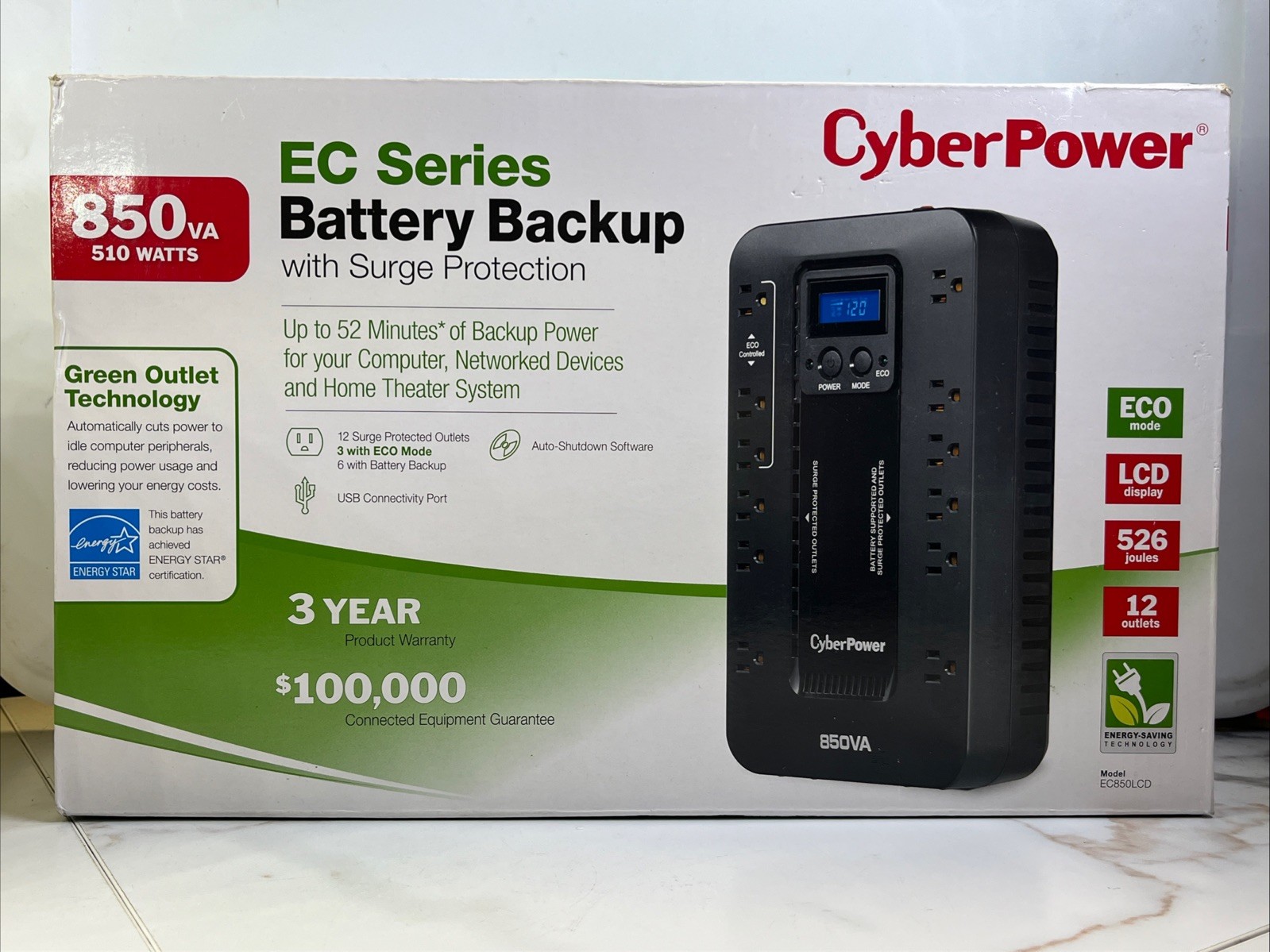 EC850LCD Ecologic UPS Battery Backup and Surge Protector, 850VA/510W, 12 Outl...