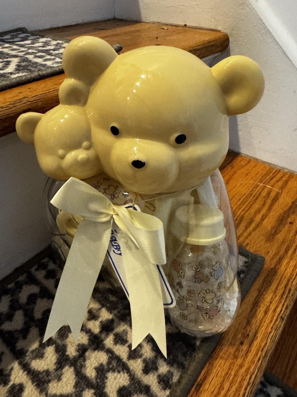 Vintage Baby King Bear Bank Baby Gift Set Bottle Teether Rattle NEw 90s Yellow