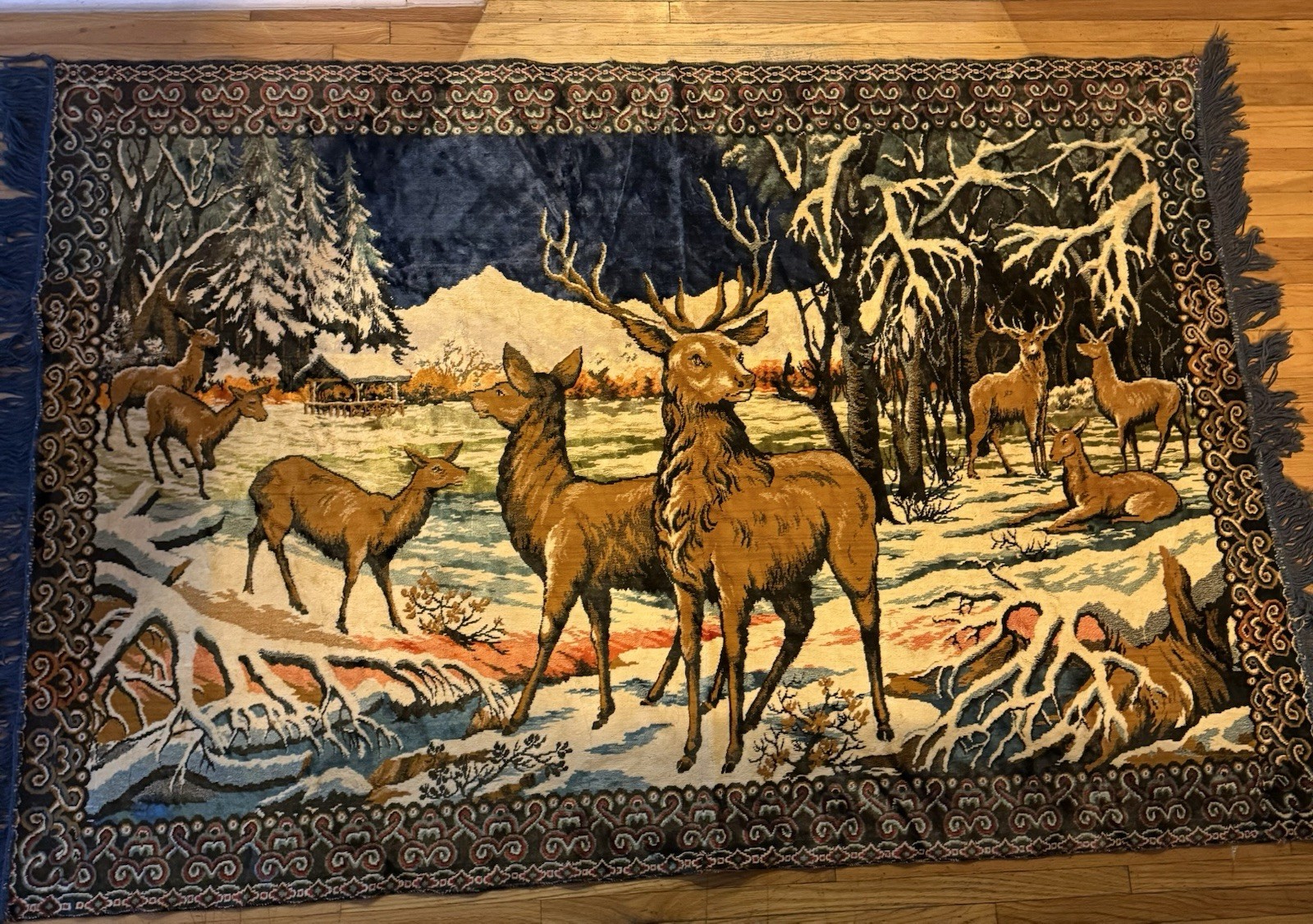 Vintage 1970’s Made In Italy Deer Scene Tapestry 48 In X 70 In Great Condition