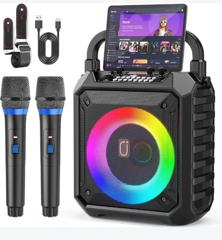50W Portable Bluetooth 5.3 Karaoke Speaker w/ 2 Wireless Mics RGB Bass...