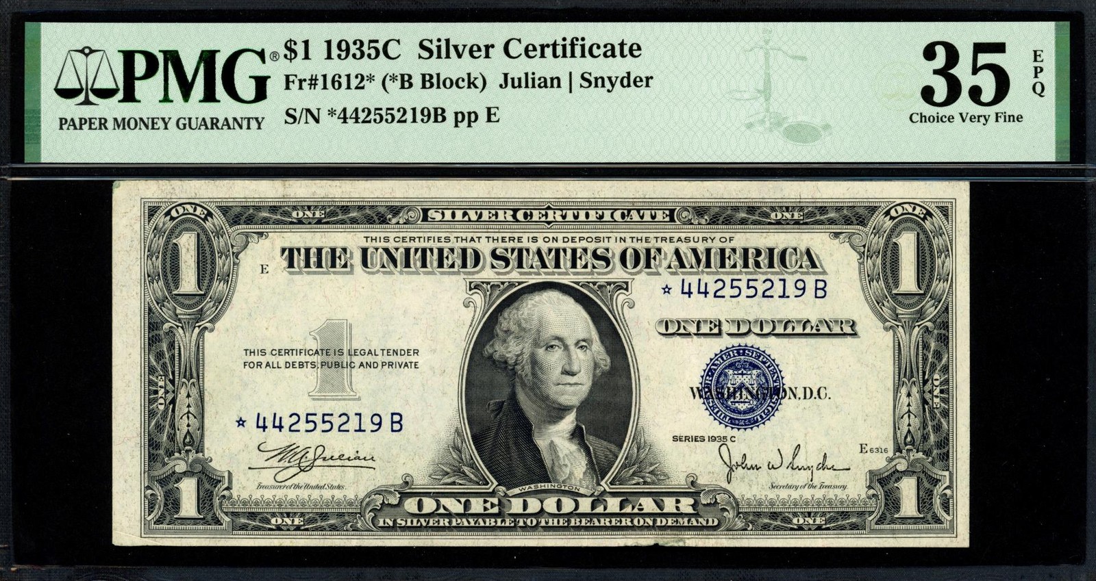 1935C $1 Silver Certificate STAR NOTE - PMG Choice Very Fine VF 35 EPQ Fr 1612*