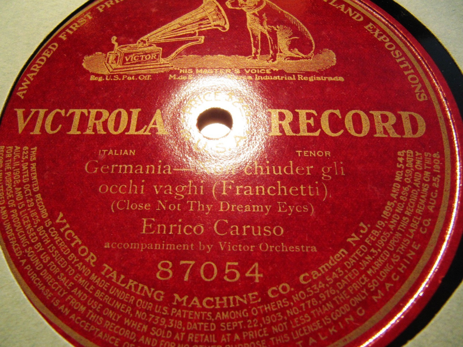 Orig Cast 1910 ENRICO CARUSO Franchetti GERMANIA Non chiuder occhi VICTOR 87054