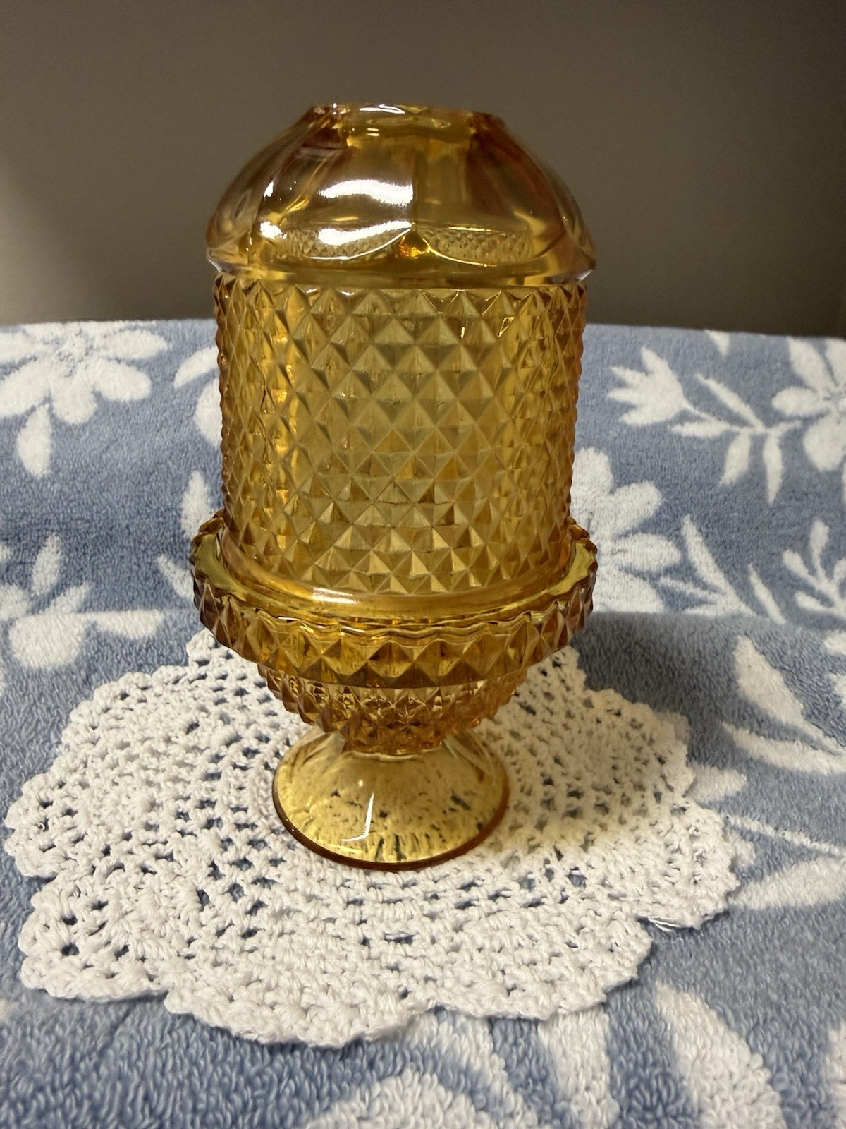 Vintage MCM Viking Glass Amber 7” Diamond Point Glimmer Fairy Lamp Holder