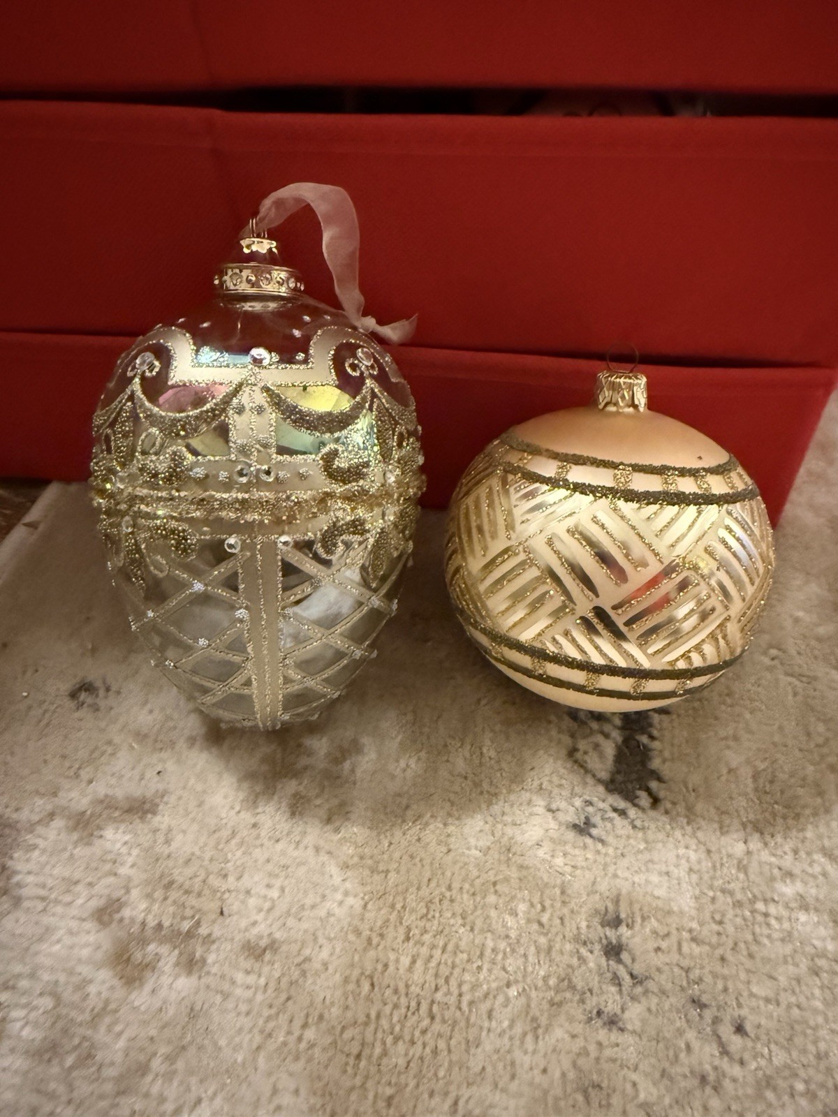 Lot Of 2 Ornaments Bejeweled Tear Drop & 4.5” Gold Ball Glass Similar To Radko
