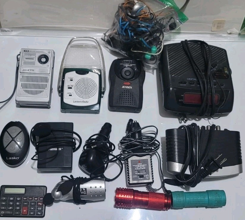 Vintage Electronics Lot Juliette Jensen Lantern Radio Earbuds Flashlights Bulk