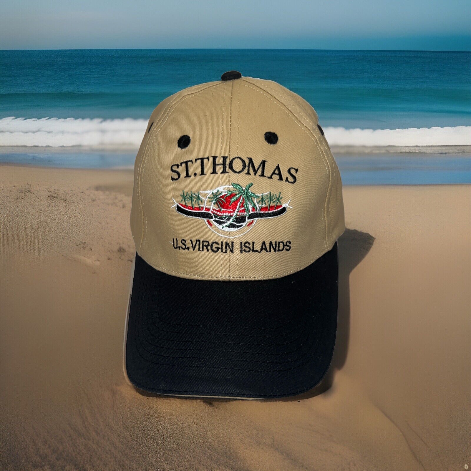 ST. THOMAS U.S. VIRGIN ISLANDS Tan Hat Cap with Palm Tree Patch Paradise on Back