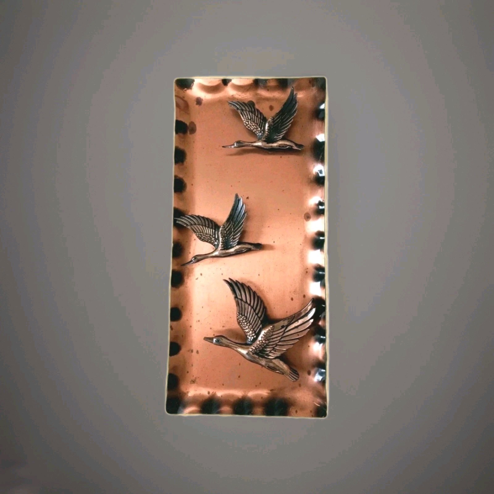 3D Hanging Wall Metal Copper Style Wall Art MCM GEESE DUCKS Flying 12.5×6 Vtg