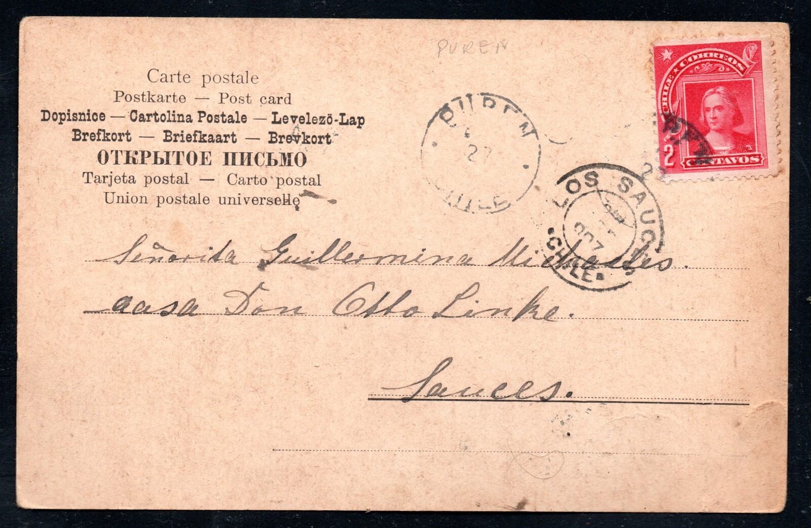 CHILE, TARJETA POSTAL, COLON DE 2 CTS. MATASELLOS DE PUREN Y LOS SAUCES