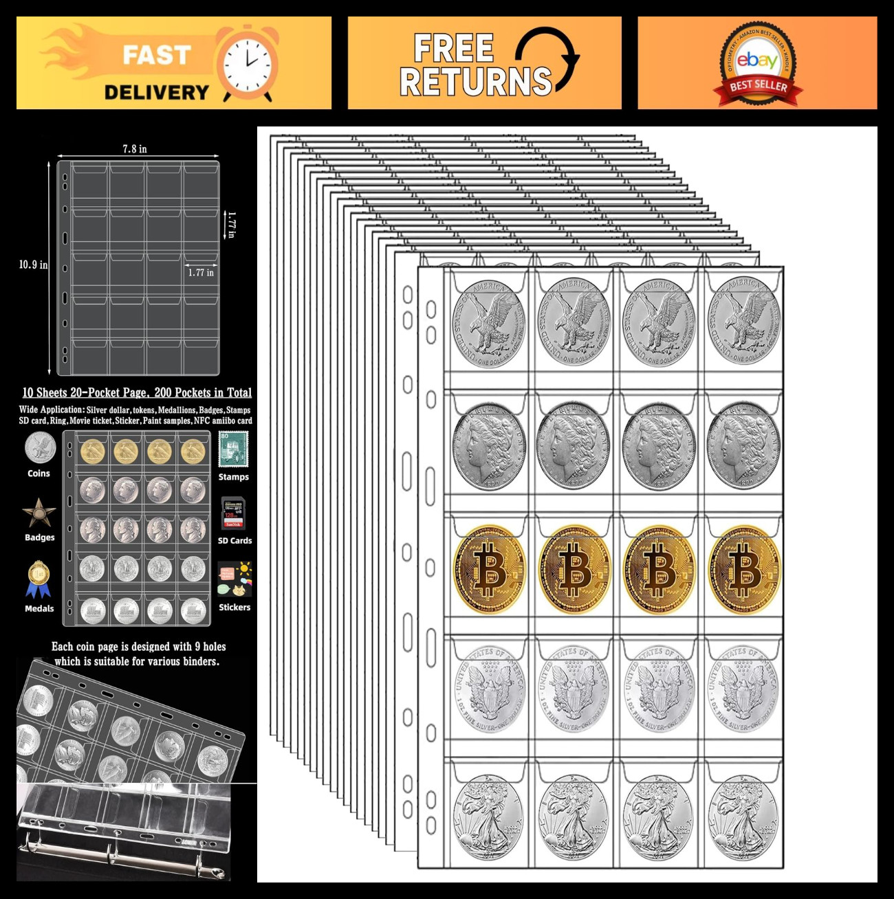 400 Pocket Coin Collecting Pages - 20 Sheets for 3/4 Ring Binders, Plastic Sleev