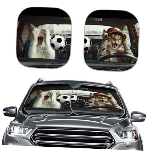  Car Windshield Sun Shade Universal Fit 2 Pack Front Auto Window Soccer Cat