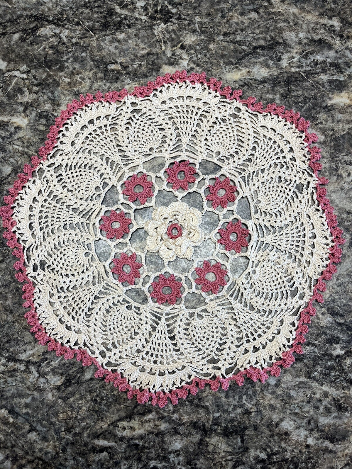 Lovely Handmade Crochet Tablecloth Doily, ECRU Pink Color, Round 16”100%Cotton