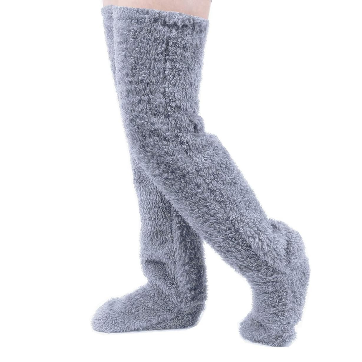 Peoaieh Over Knee High Fuzzy Socks Plush Slipper Stockings One Size, Grey 