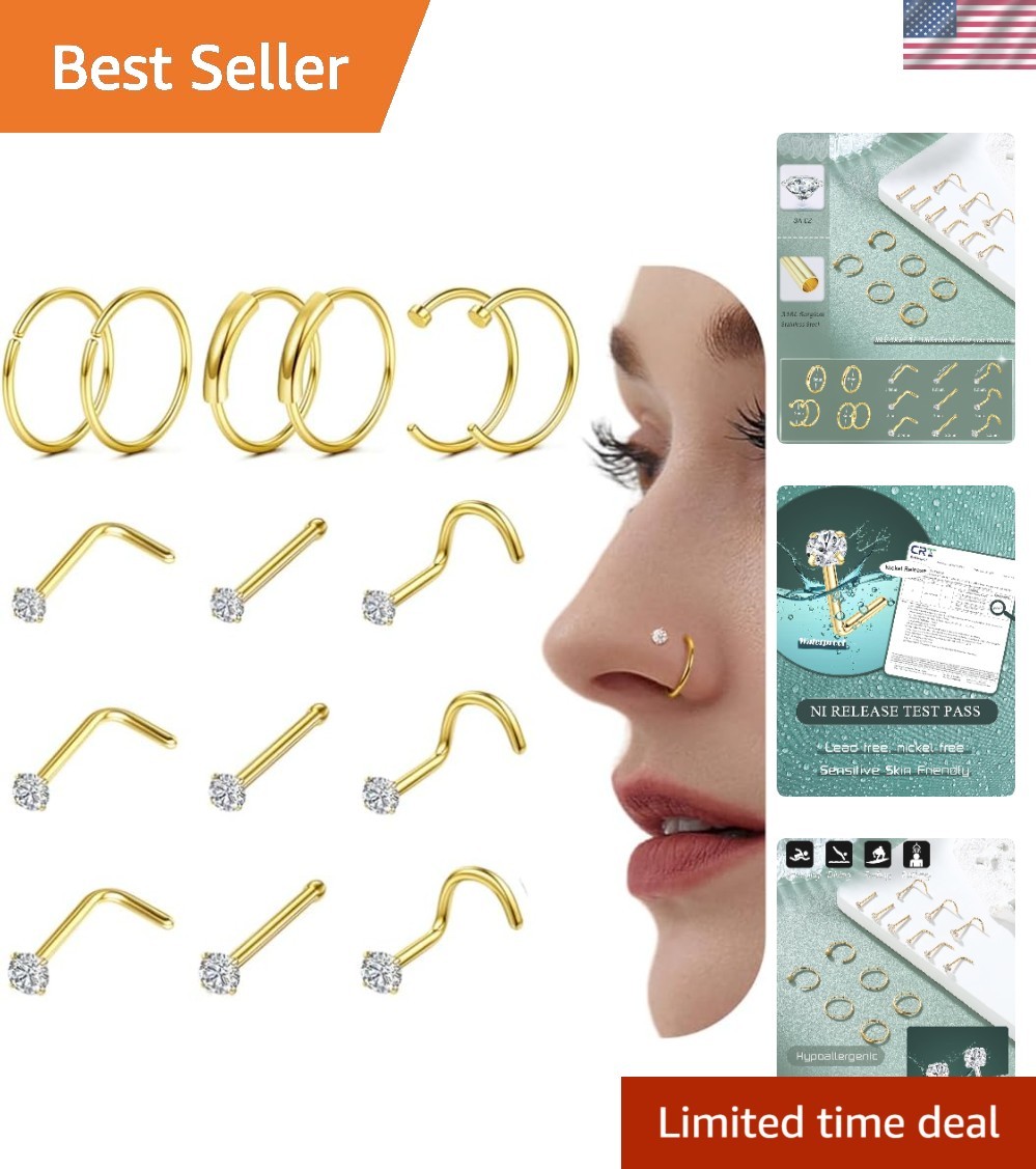 Surgical Steel Nose Rings Studs Gold Nose Studs Hoop Nose Rings for Women Hyp...