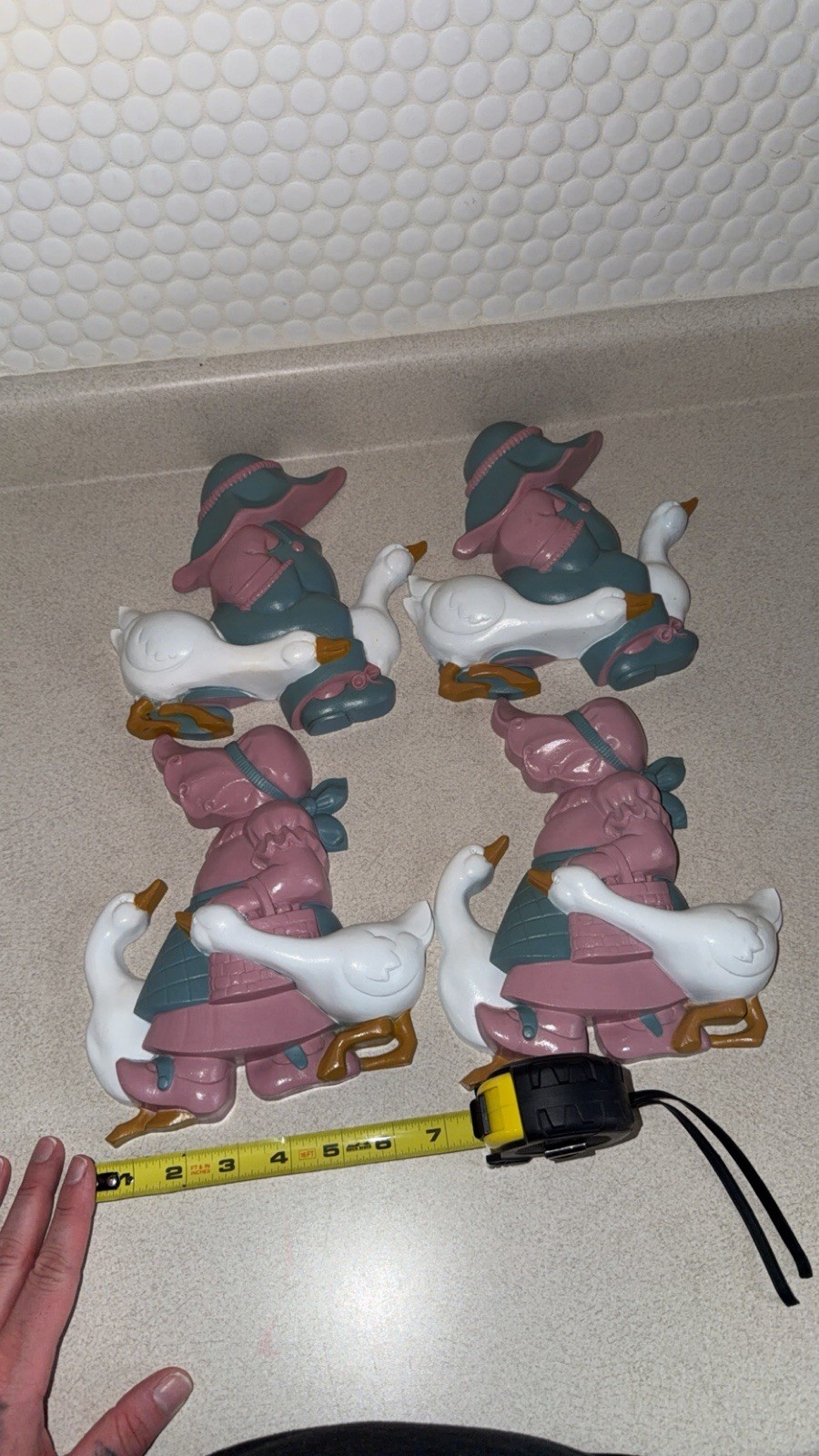 Set of 4 Decorative Wall Plaques Girl & Goose Pink White Green Yellow