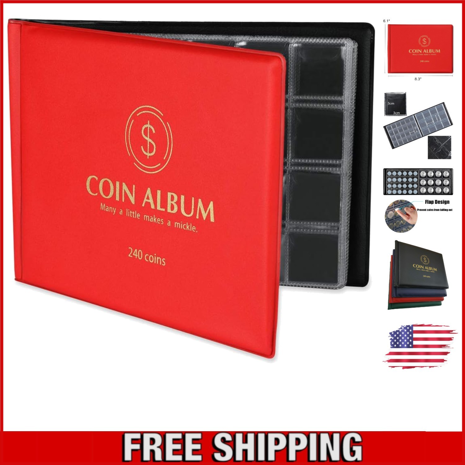 Classic Red Coin Holder Book - 14 Pages, 240 Pocket Capacity for Coin Collectors