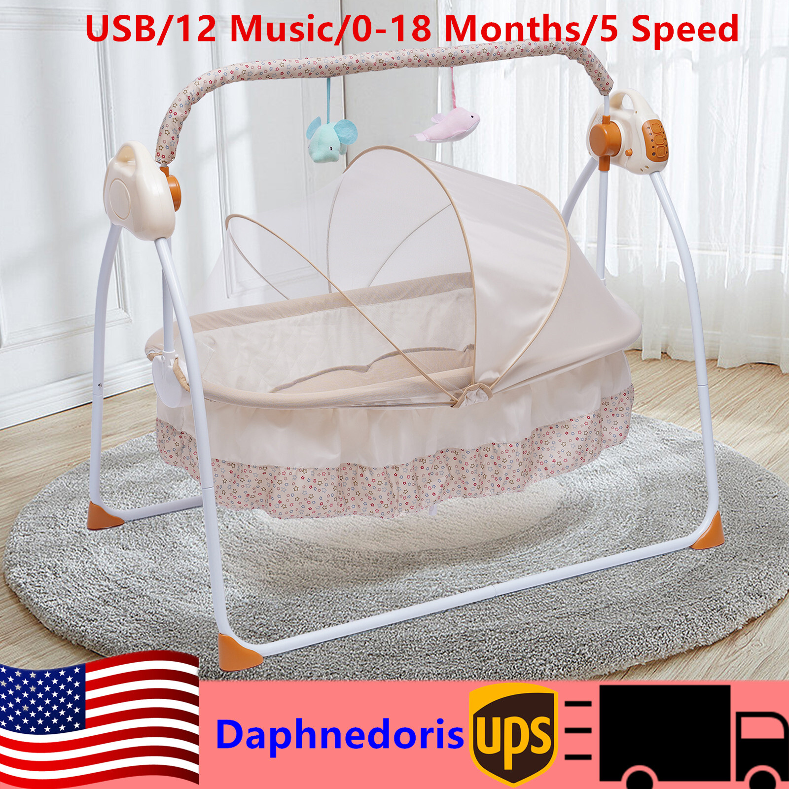 US Electric Baby Crib Cradle Auto Rocking Chair Childcare Bassinet Sleep Bed