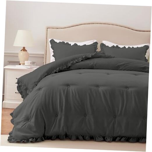 Comforter Set - Ruffle Comforter for Size Bed, Fluffy Size Comforter King Grey