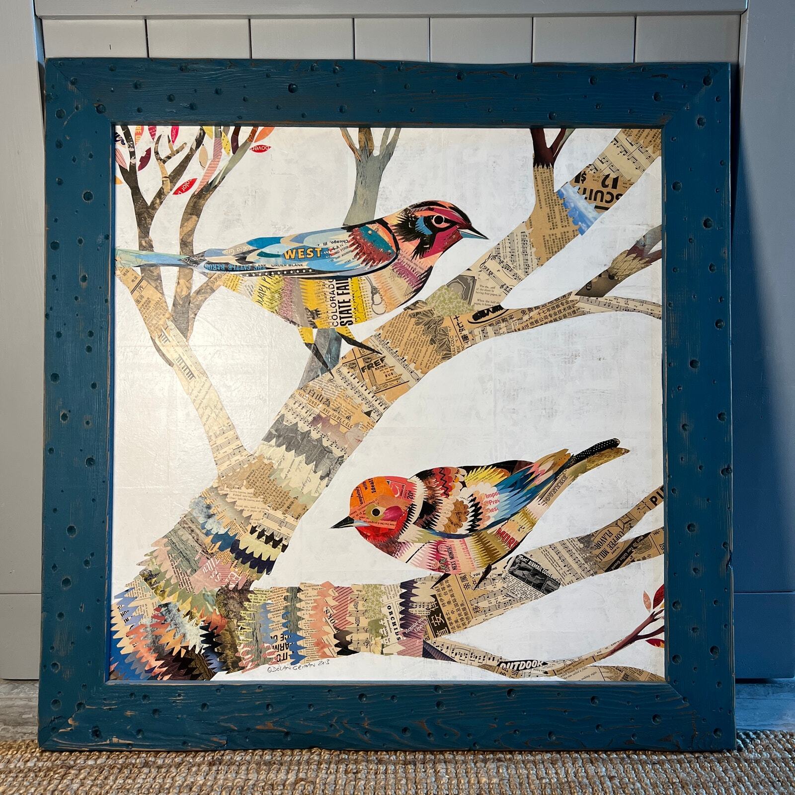 ORIGINAL Dolan Geiman Paper Collage Birds on Branches Artwork and Wood Frame