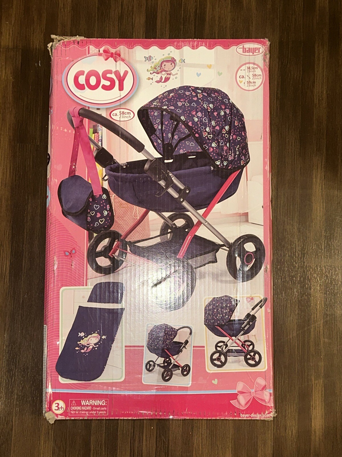 Bayer Design Dolls Pram Cosy Blue, Pink Hearts Includes Blanket , Shoulder Bag 