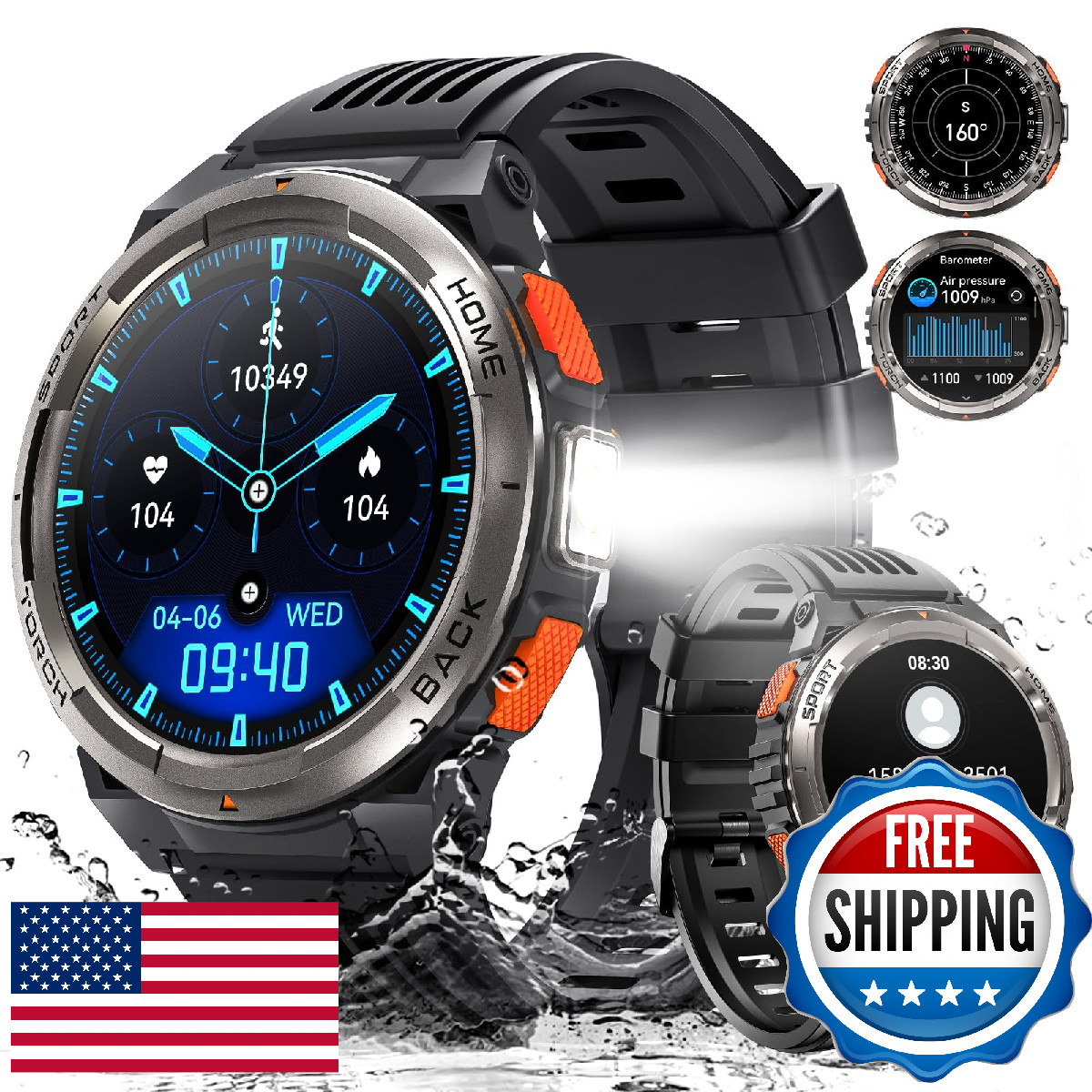 Leuceira Military Smart Watches for Men with LED Flashlight, Tactical Rugged Sma