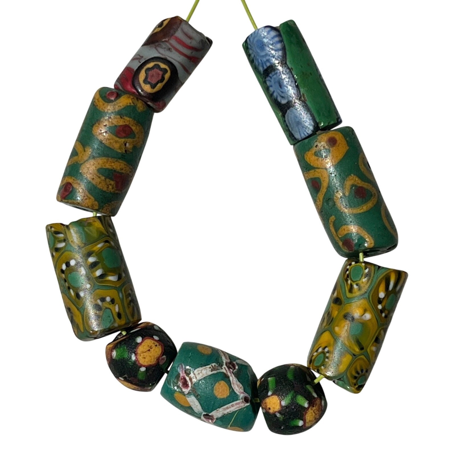 9 ANTIQUE VENETIAN GLASS UNCOMMON GREENS MILLEFIORI & FANCY AFRICAN TRADE BEADS