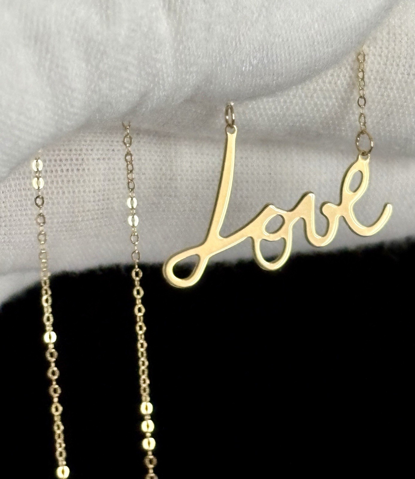 14K Yellow Gold LOVE NECKLACE 18” Adjustable Cursive Sparkly Chain ITALY 585