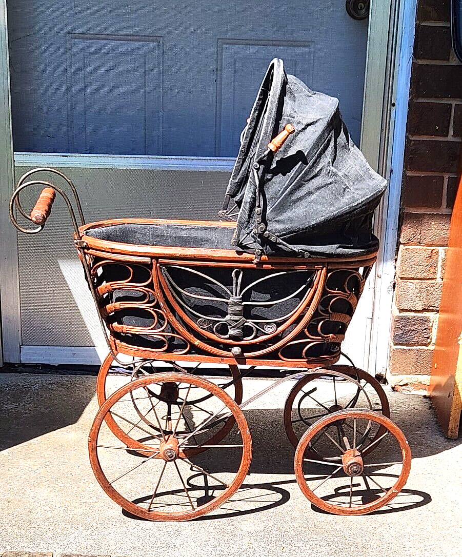 Vintage Antique Victorian Baby Doll Carriage Stroller Buggy Wicker Wood & Steel