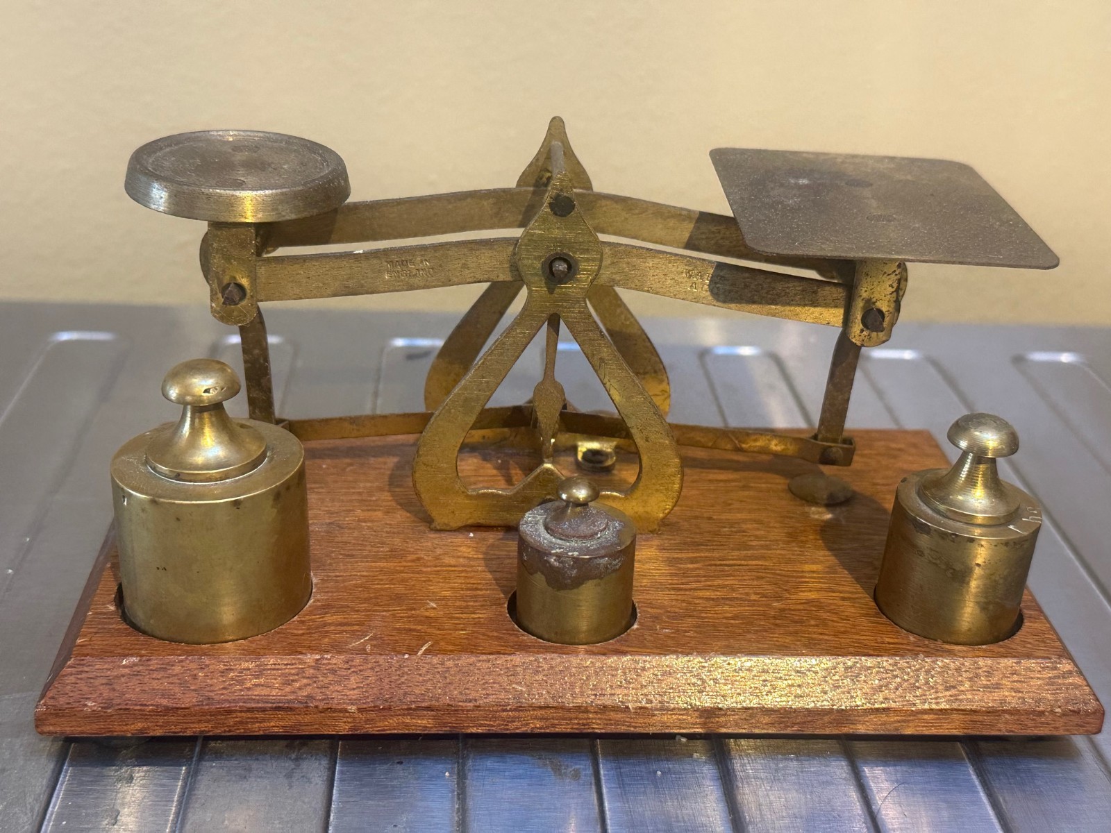 Vintage Brass Balance Scale with Brass Hektogram (X100) Weights Made in England