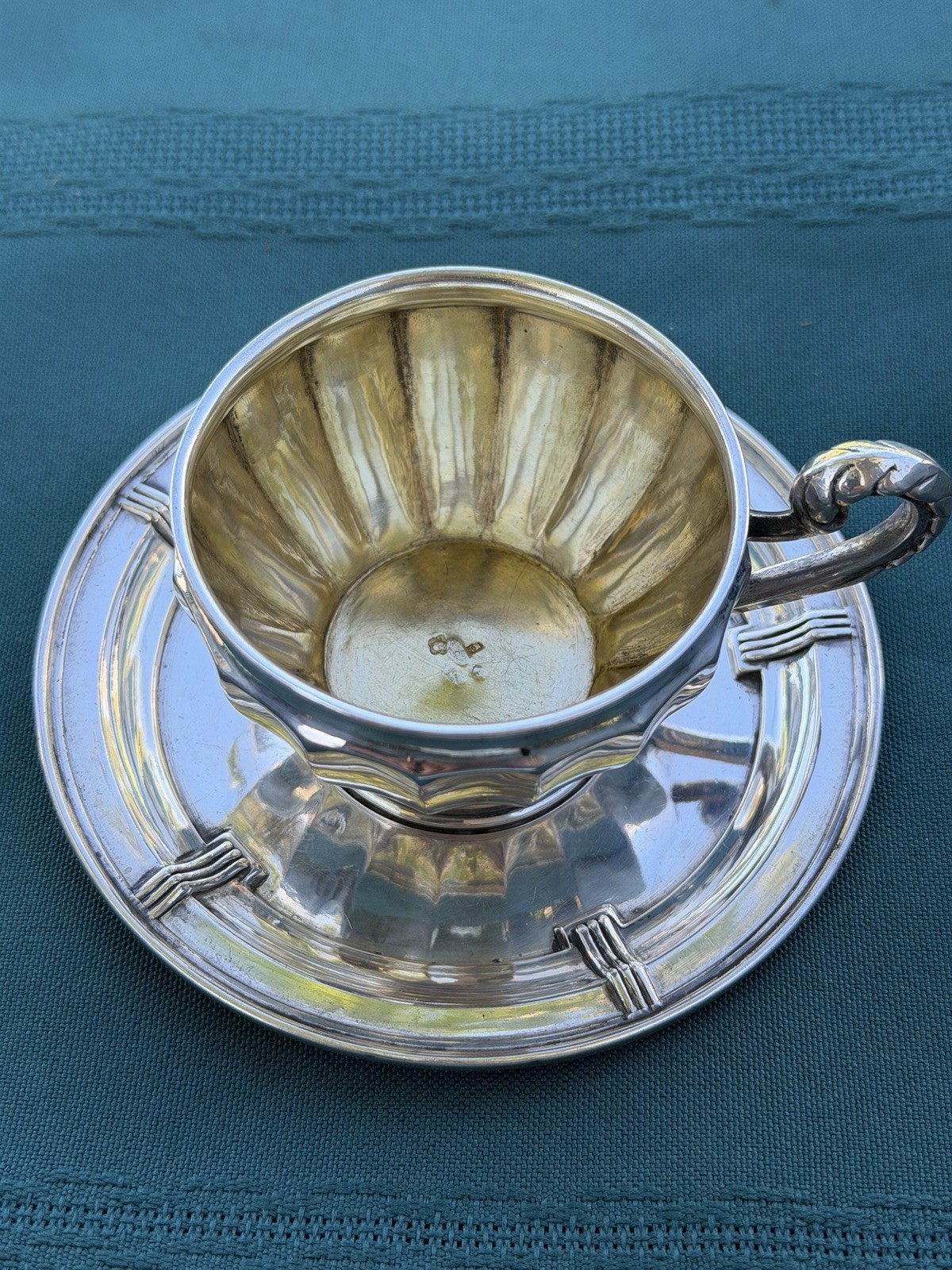 Antique German Sterling Silver Cup and Saucer with Concentric Reliefs