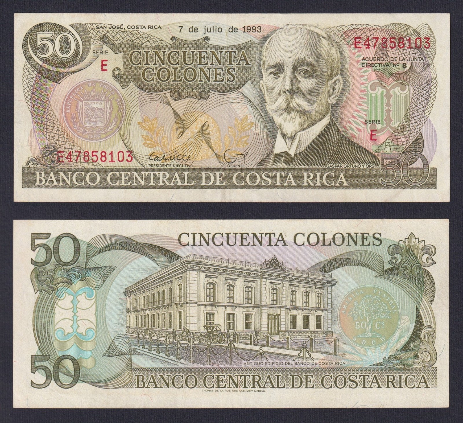 Costa Rica 50 Colones Banknote 1993 P.-257A BB+/VF+