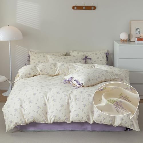 Purple Flower Duvet Cover Set Full 3 Full(80" x 90") Bowknot # Purple Flowers