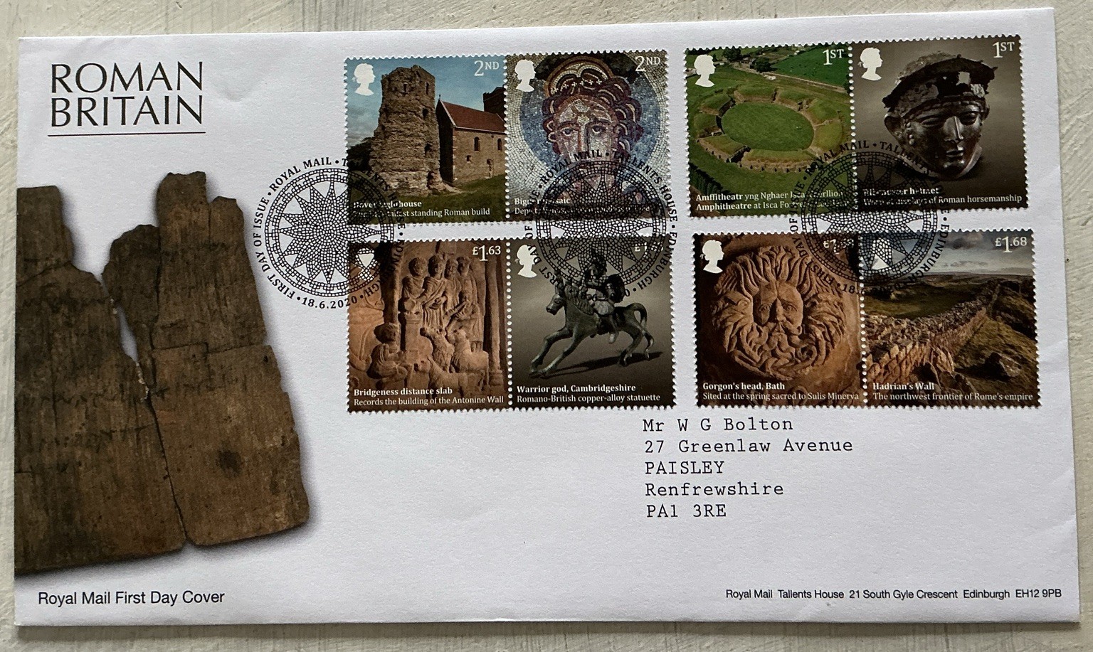 GB QEII 2020 Roman Britain Pairs RM FDC Tallents House Mosaic Edinburgh SHS 