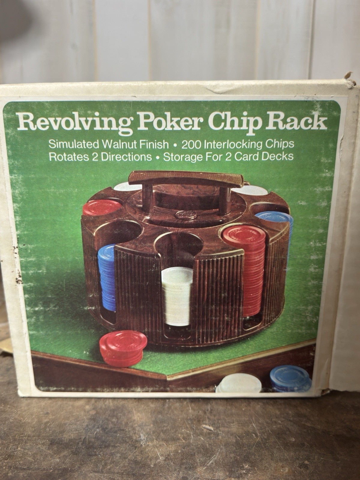 Vintage Revolving Poker Chip Rack open box Simulated Walnut Finish With Chips