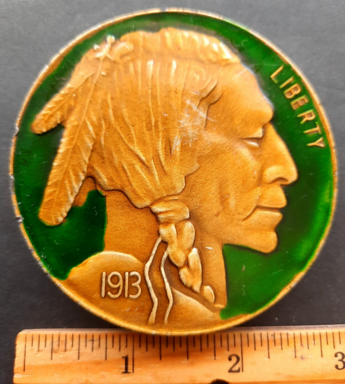 Buffalo Indian Head Nickel Belt Buckle Enameled Indiana Metalcraft Co.