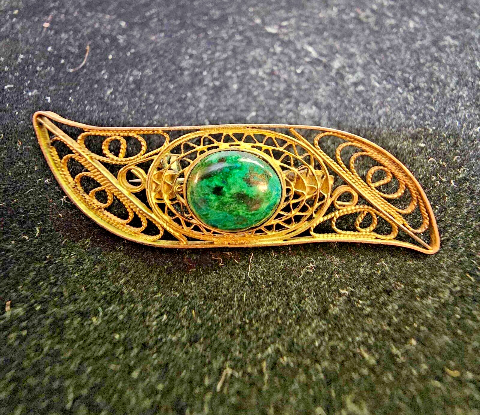 925 Sterling Silver Gold color Brooch Pin w/ Eilat Stone Filigree- B30