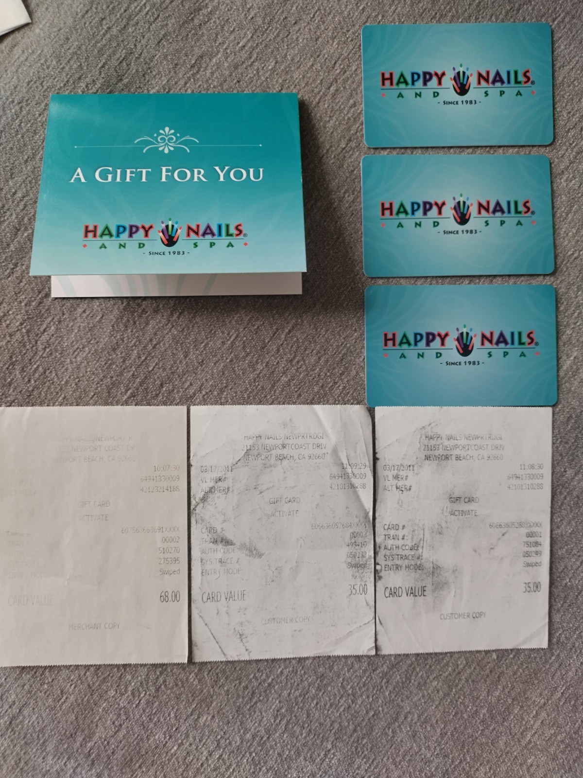 Happy Nails and Spa California Gift Cards Total 138$