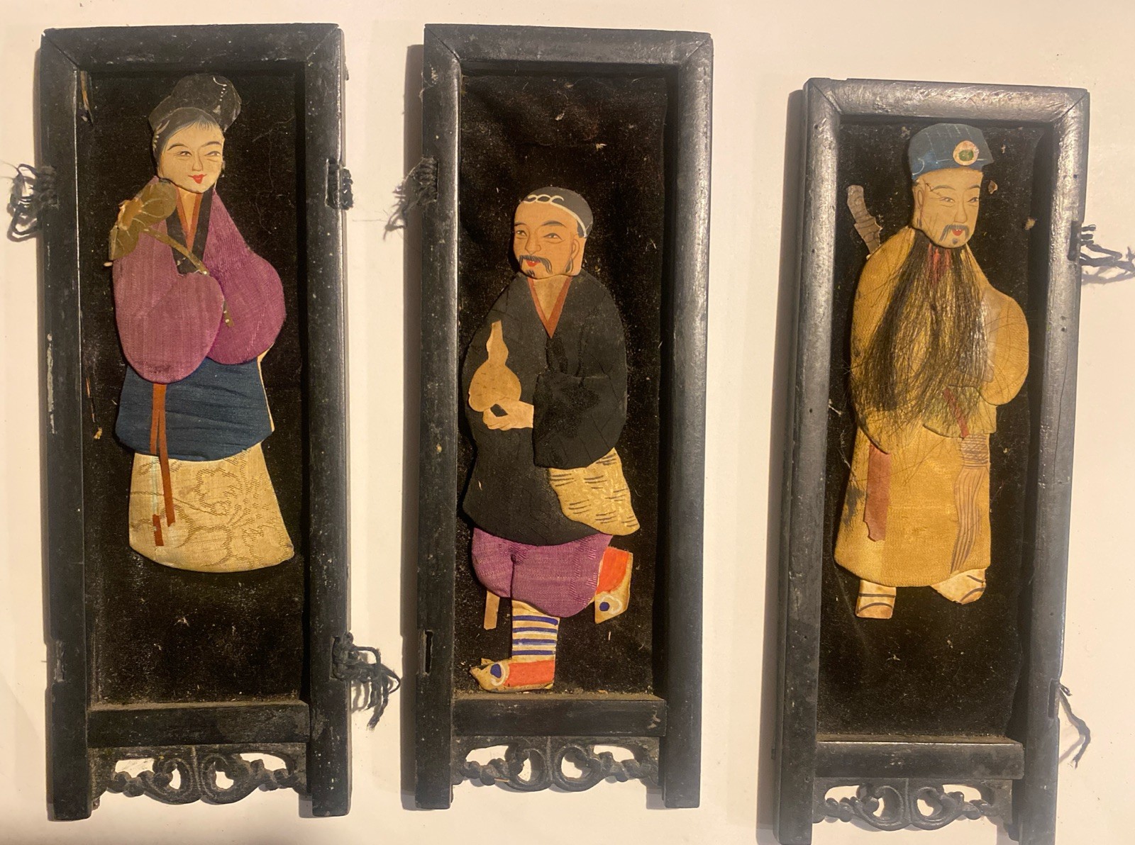 3 Vintage Asian Framed Wall Art Silk Cloth Paper Dolls