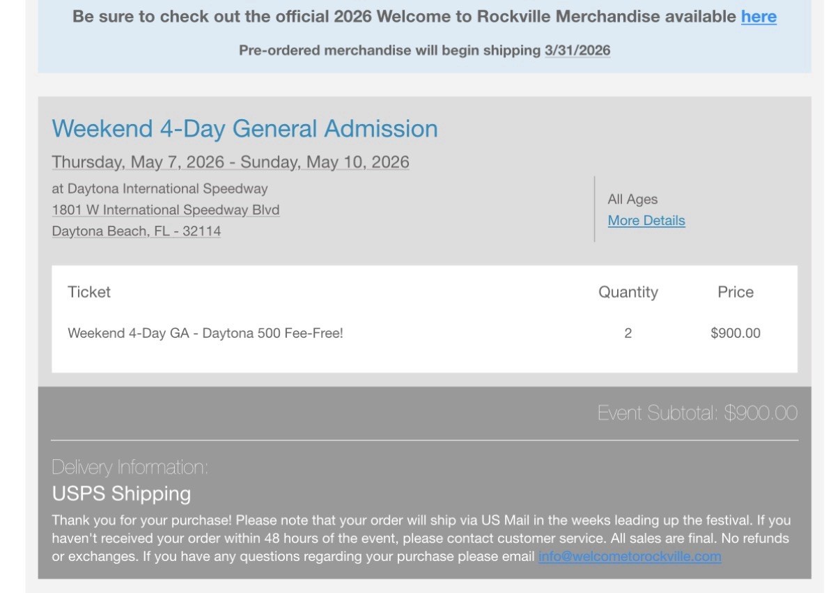 Rockville 2026 4-Day General Admission (2 Tickets) Daytona Intl Speedway
