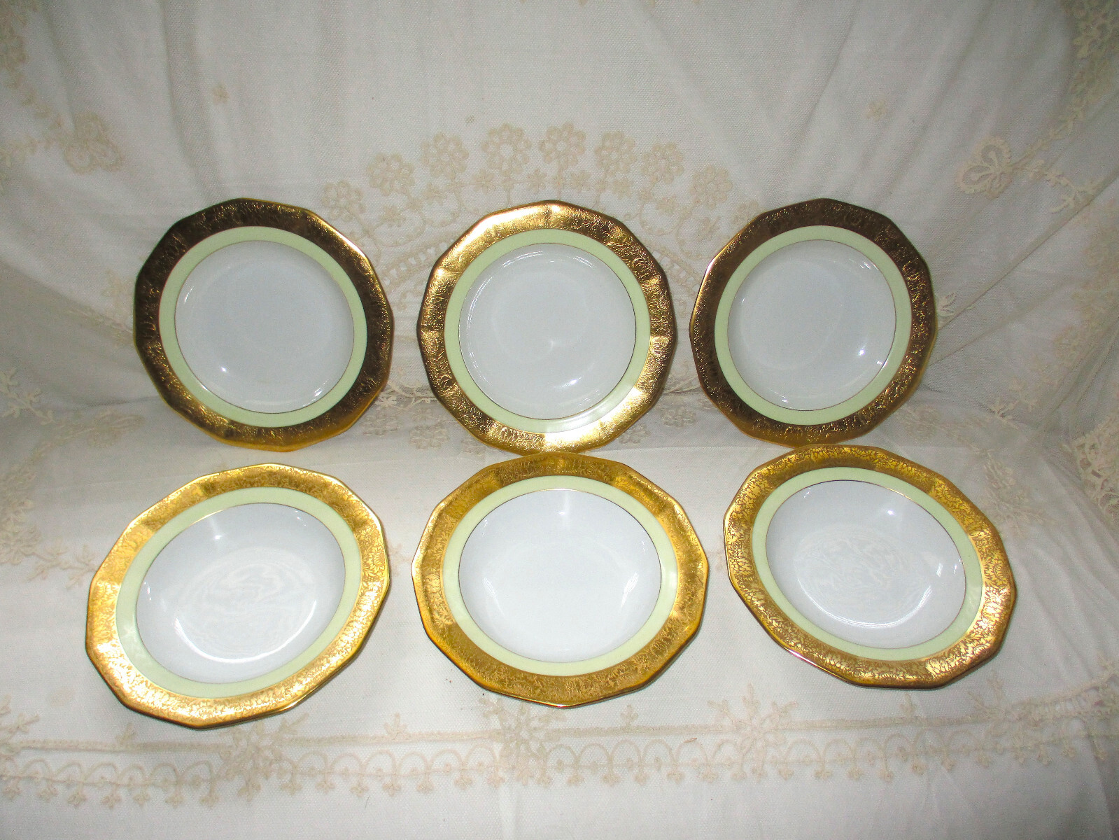 Antique Schlaggenwald H&C Czech Heavy Gold &Yellow Porcelain Soup Bowls Set of 6