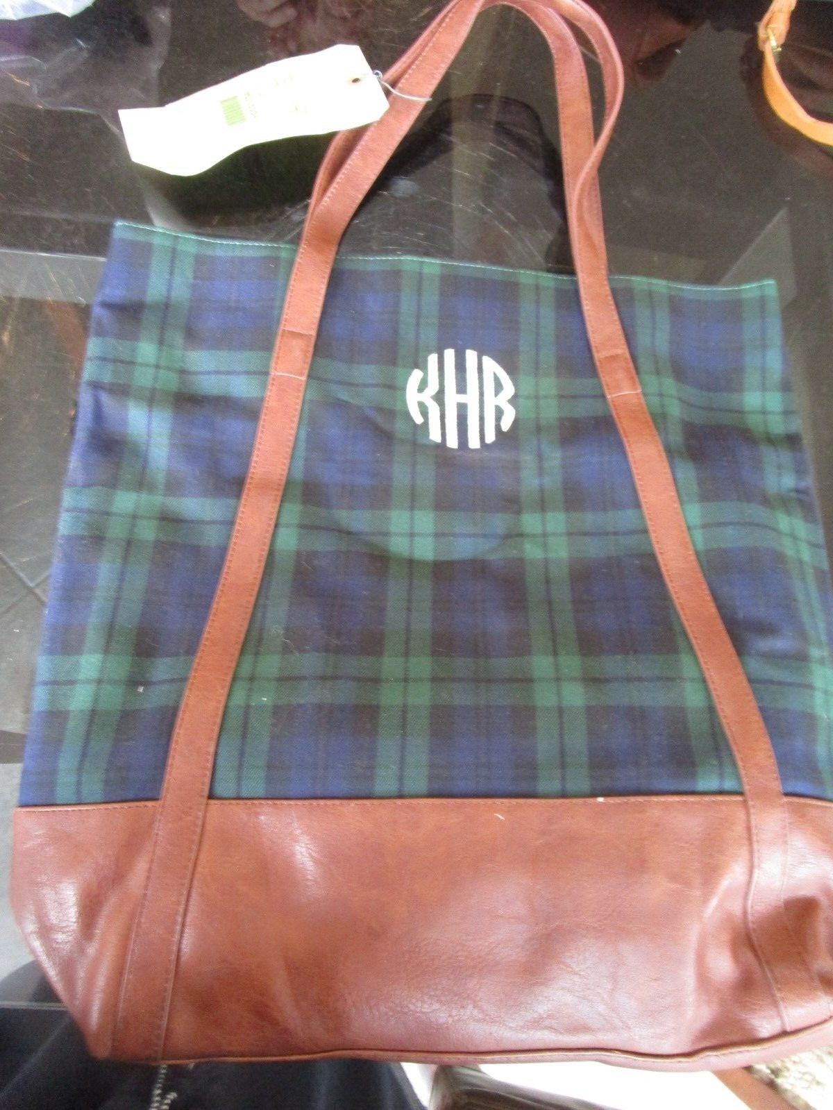 Mark & Graham navy watch plaid Tote monogrammed KRH photo shoot sample 