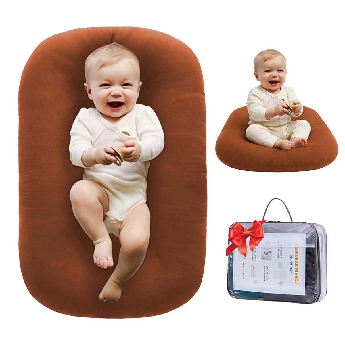 Baby Lounger for Newborn (0-24 Months), 100% Breathable Cotton Baby Nest, 3-i...