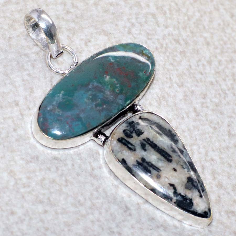 925 Silver Plated Long Hornblende Bloodstone Pendant 2.1" Trending Gift MJ