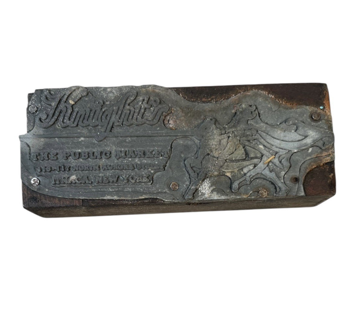 Vtg Knights Market Ithaca New York Advertising Graphic Print Block Mercantile