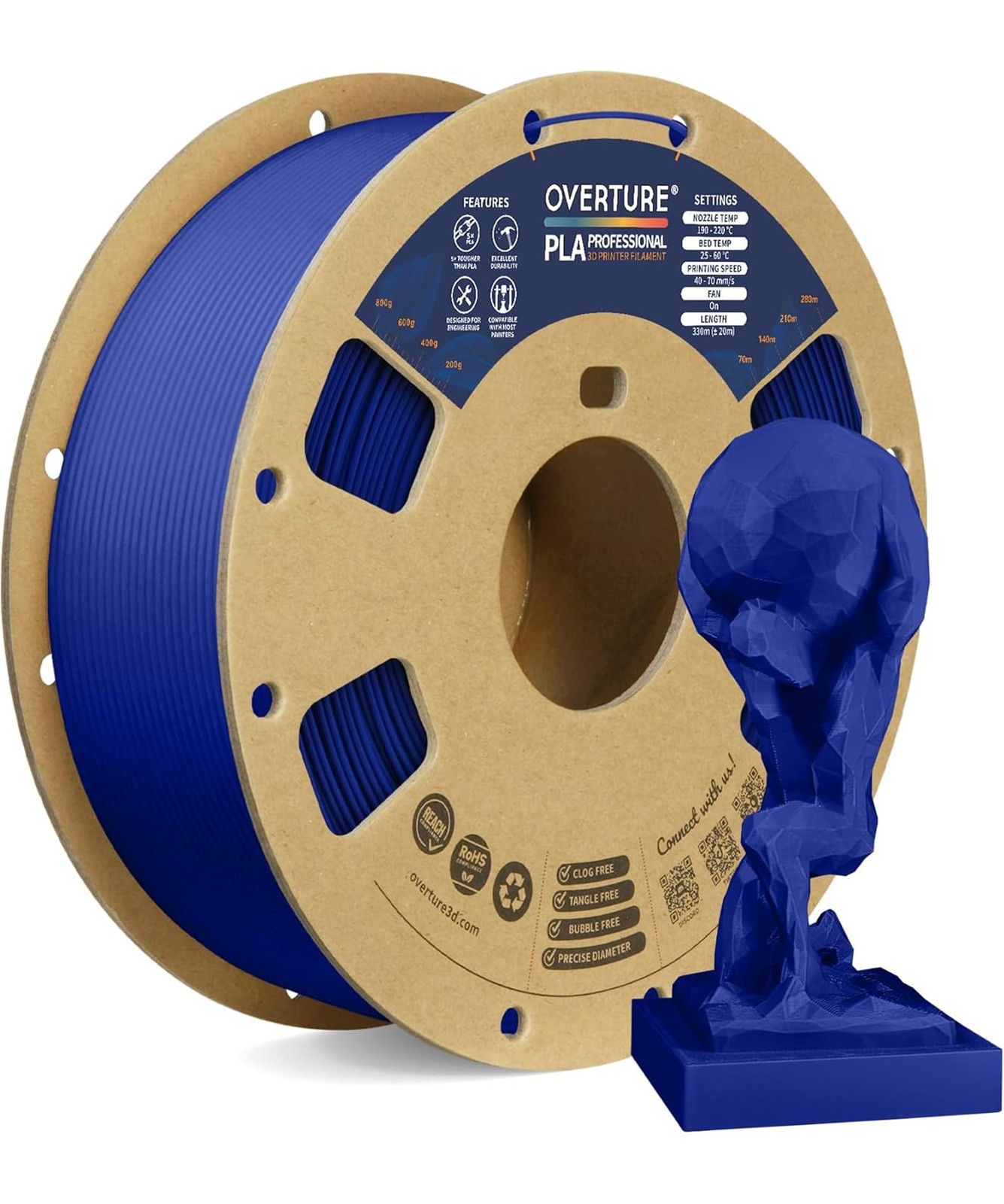 PLA Plus Filament 1.75mm 1kg 2.2lbs Tangle Free Dark Blue OVERTURE Stronger