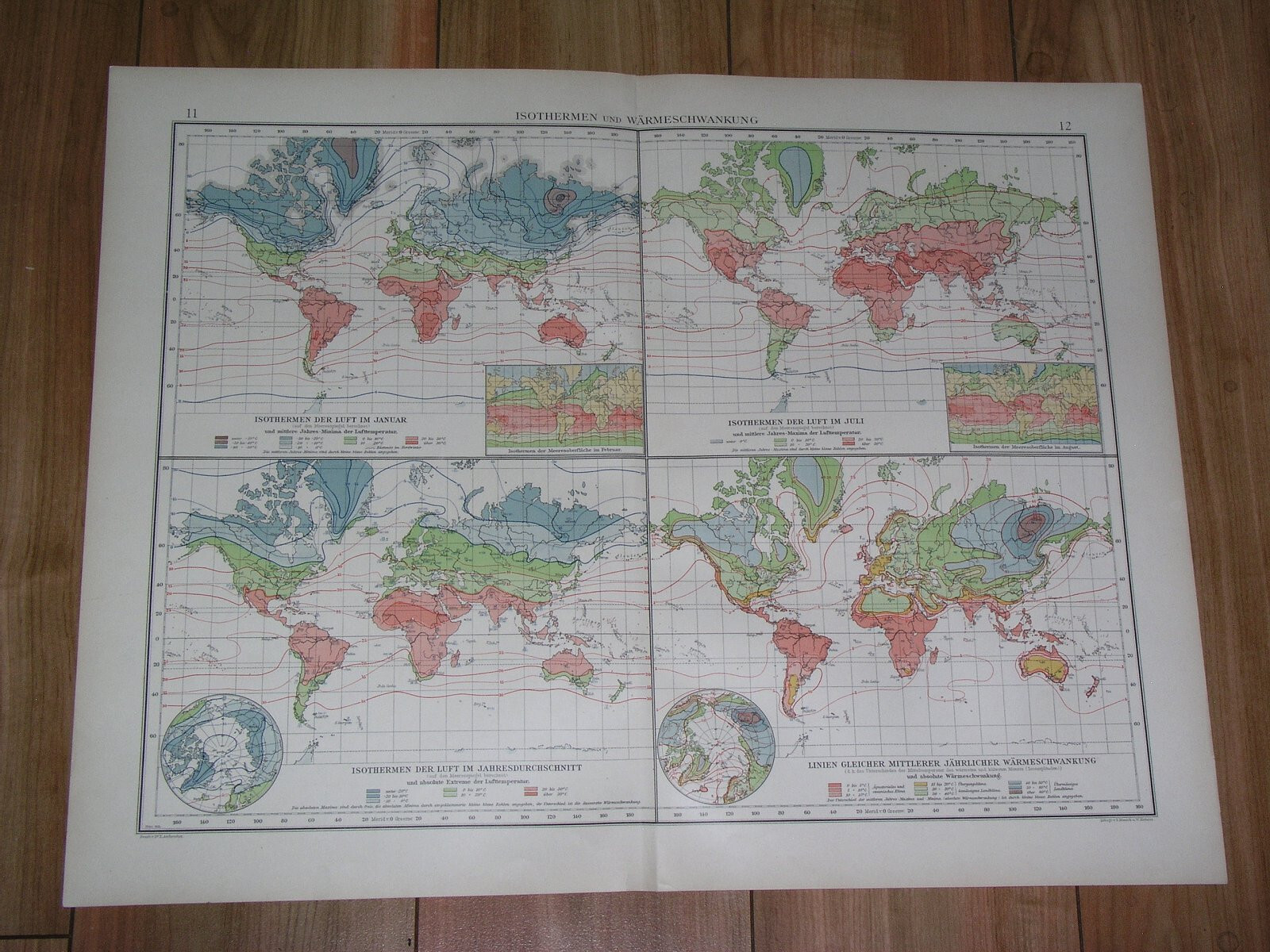1911 ANTIQUE CHART CLIMATIC MAP THE WORLD WEATHER ISOTHERMS AMERICA ASIA EUROPE