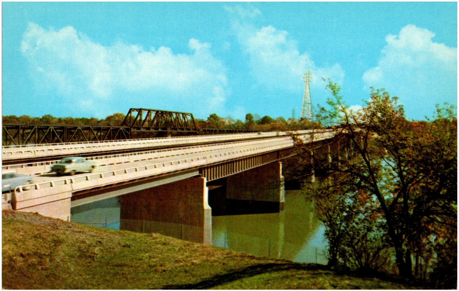 Maumee River Twin Bridge on Ohio Turnpike Typo OH 1950s Chrome Postcard Photo