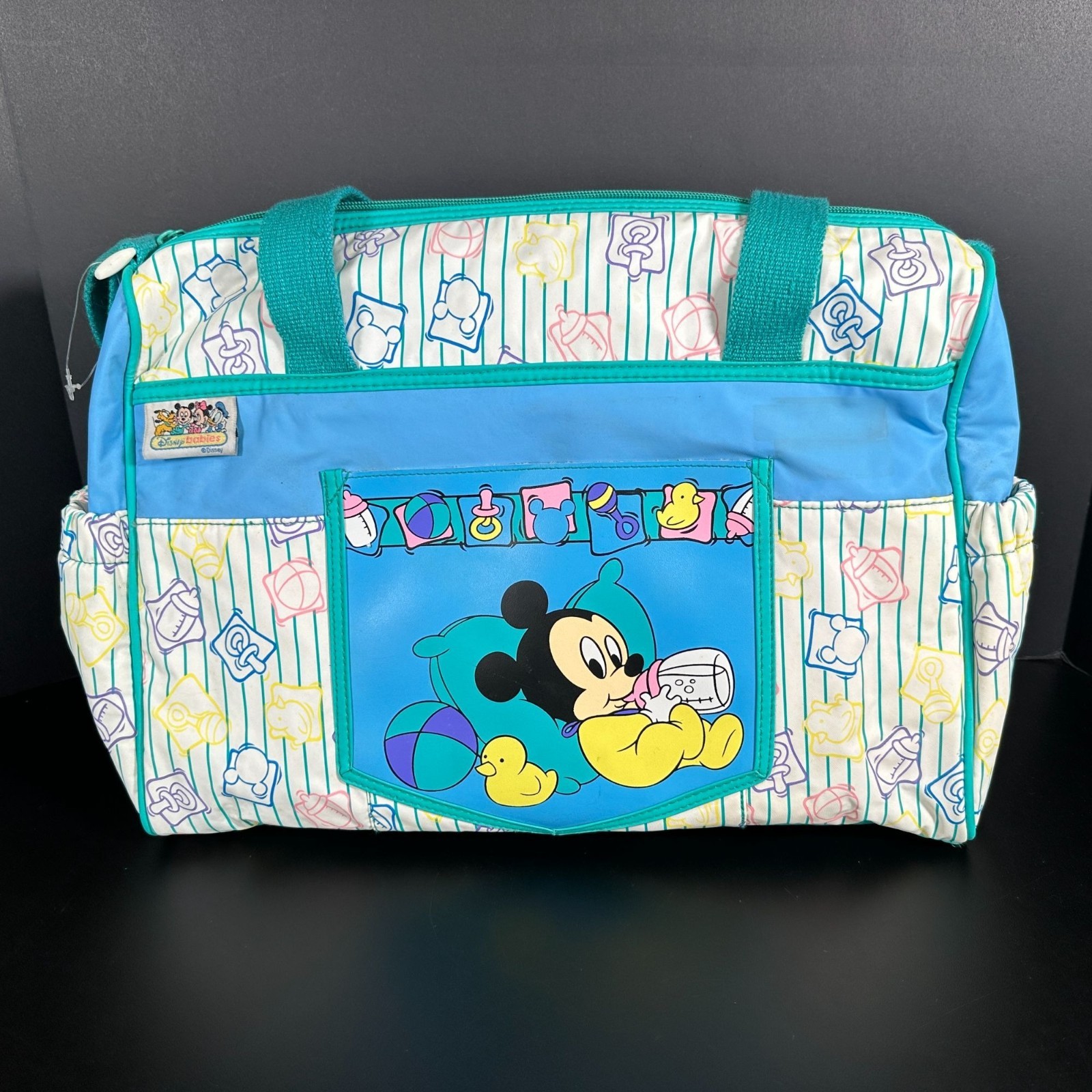 Vintage 90s DISNEY BABIES Baby Mickey Mouse Diaper Bag Vinyl Tote Teal White